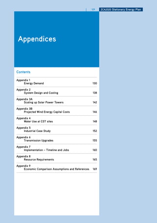 |     129    ZCa2020 Stationary Energy Plan




 appendices



Contents

appendix 1
     Energy demand                                    130

appendix 2
     System design and Costing                         138

appendix 3a
     Scaling up Solar Power towers                     142

appendix 3b
     Projected wind Energy Capital Costs               146

appendix 4
     water use at CSt sites                            148

appendix 5
     industrial Case Study                             152

appendix 6
     transmission upgrades                            155

appendix 7
     implementation – timeline and Jobs               160

appendix 8
     resource requirements                             165

appendix 9
     Economic Comparison assumptions and references    169
 
