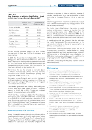 Appendices                                                             |       147         ZCa2020 Stationary Energy Plan




                                                                 materials are available to meet the significant upswing in
tablE a3.4
                                                                 demand. Implementation of the plan would involve forward
Cost breakdown for a medium Sized turbine - based
                                                                 contracting for the supply of turbines in order to guarantee
on data from germany, denmark, Spain and uK6
                                                                 this.
                                                                 Alternatively government investment could help set up a local
                        Share of Total     Typical Share of
                                                                 wind turbine manufacturing industry to supply some or all of
                        Cost (%)           other Cost (%)
                                                                 the necessary components.
Turbine (ex works)           68-84                 -
                                                                 For the first 6 years of the Stationary Energy plan, the capital
Grid Connection               2-10              35-45            costs of wind turbines are expected to transition from the
                                                                 current Australian capital costs – $2.5 million/MW to the
Foundation                    1-9               20-25
                                                                 forecast 2015 European amount - $1.65 million/MW. This is
Electric Installation         1-9                10-15           because it will require some time before manufacturers can
                                                                 ramp up production and for orders to be fulfilled in Australia.
Land                          1-5                5-10
                                                                 It is expected that the final 5 years of the plan will make
Financial Costs               1-5                5-10
                                                                 the most of the influence of Chinese manufacturers on the
Road Construction             1-5                5-10            market, either indirectly or directly (by purchasing from a
                                                                 Chinese wind manufacturer).
Consultancy                    1-3               5-10
                                                                 Given that the Three Gorges of Wind project will take a
                                                                 number of years to construct, it is expected that the Chinese
Current industry estimates suggest that wind turbines
                                                                 capital cost estimate will remain relatively stable at $1 million/
manufactured in China are 20-25% of Australian wind
                                                                 MW. Accounting for differing labour costs and adopting the
turbine prices.
                                                                 25% rule of thumb, we can reliable expect the capital costs to
In 2005 the Chinese Government passed the Renewable              drop to approximately $1.25 million/MW in Australia.
Energy Law. This law mandated that new wind farms must
                                                                 Table 3.9 in Section 3.2 gives the yearly expected costs of
have at least 70% of all wind power equipment manufactured
                                                                 turbine installations.
in China. The Chinese National Energy Administration has
indicated that it plans to remove this requirement in the
near future, although no date has been set.7
                                                                 references
Nonetheless this law has created an incredible boom
                                                                 1.   Renewable Energy development, Sept 2009, ‘Stockyard hill Wind Farm
in Chinese manufactured turbines, with total domestic
                                                                      Proposed in Australia‘, http://renewableenergydev.com/red/wind-power-
installations from Chinese manufacturers growing from
                                                                      stockyard-hill-wind-farm-proposed-in-australia, Accessed 2010-06-29
only 18% in 2004 to 62% in 2008.7
                                                                 2.   EcoGeneration, Sept 2009, ‘Waubra Wind Farm’, http://ecogeneration.com.au/
Companies such as Goldwind, which is one of the largest               news/waubra_wind_farm/005001, Ecogeneration Magazine Sept-oct 2009,
and most reliable wind turbine manufacturers in China, are            Accessed 2010-06-29
planning to start selling a 3 MW wind turbine on the global      3.   Weaver, A. Mar 2010, ‘$800m Macarthur wind farm revived’, http://www.
market from 2011 onwards.8                                            standard.net.au/news/local/news/general/800m-macarthur-wind-farm-
                                                                      revived/1764363.aspx, The Standard, Accessed 2010-06-29
The Chinese government has recently announced plans
                                                                 4.   Copeland, A. Noveber 2010, ‘Electricity generation Major development projects
to build seven wind power bases, each with a minimum
                                                                      –october 2009 listing’, http://www.abare.gov.au/publications_html/energy/
capacity of 10,000 MW, by 2020. The planned combined
                                                                      energy_09/EG09_oct.pdf, ABARE, Accessed 2010-06-29
capacity of these wind bases will be 120GW.9
                                                                 5.   Aireview, Mar 2010, ‘AGL’s New Windfarms’, http://www.ibtimes.com.au/
The first of these wind bases, dubbed the “Three Gorges               articles/20100302/agls-new-windfarms.htm, International Business Times,
Wind” project, is the 20,000 MW wind farm to be constructed           Accessed 2010-06-29
in Jiuquan city in the Gansu Province. Construction of the       6.   Krohn S. et al, March 2009, ‘The Economics of Wind Power’, http://www.
wind farm is now under way at an estimated capital cost of            ewea.org/fileadmin/ewea_documents/documents/00_POLICY_document/
$US 17.6 Billion (120 Billion Yuan).9 This equates to roughly         Economics_of_Wind_Energy__March_2009_.pdf, EWEA, Accessed 2010-06-
$AU 1 million/MW, more than half the current capital cost             29
for wind farms in Australia.                                     7.   Xinhua, Nov 2009, ‘debate on overcapacity blows up in China’s wind
                                                                      power sector’, http://www.chinadaily.com.cn/bizchina/2009-11/24/
                                                                      content_9033778_3.htm, China daily, Accessed 2010-06-29
Estimated costs for ZCa 2020 Plan
                                                                 8.   Private correspondance with author
                                                                 9.   Wind Energy News, July 2009, ‘China’s huge Wind Initiative’, http://www.
due to the planned nature of the ZCA2020 program, turbine
                                                                      windenergynews.com/content/view/1571/45, WindEnergyNews.com, Accessed
suppliers would be given significant forward notice of orders
                                                                      2010-06-29
for the Australian market. This significantly reduces the risk
of capacity constraints, as the turbine suppliers are able to
address their supply chain, and ensure that components and
 