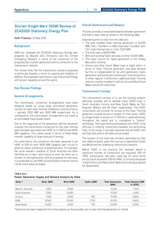 Appendices                                                             |      158     ZCa2020 Stationary Energy Plan




Sinclair Knight merz (SKm) review of                               overall generation/load balance

ZCa2020 Stationary Energy Plan                                     The plan provides a reasonable balance between generation
                                                                   and load in each state as shown in the following table:
Keith Frearson, 20 May 2010
                                                                   Important points to note from the table are:
                                                                   • The total installed Solar thermal generation is 42,500
background                                                           MW; note – Numbers in table have been rounded, each
                                                                     CST solar thermal site is in fact 3,537 MW
SKM has reviewed the ZCA2020 Stationary Energy plan                • The total load is 58,200 MW;
prepared by Beyond Zero Emissions and the Climate                  • Wind and existing hydro provide a further 53,000 MW;
Emergency Network in terms of the connection of the                • The major source for hydro generation is the Snowy
proposed Zero Carbon generation and its connection to the            Mountains scheme;
transmission network.                                              • Victoria and New South Wales have a slight deficit in
                                                                     terms of Solar Thermal generation and peak demand
The review finds that the transmission scenario proposed
                                                                     but this is compensated for by wind generation, hydro
is technically feasible in terms of capacity and reliability. In
                                                                     generation and enhanced transmission interconnections
addition, the proposed transmission uses mature technology
                                                                     to other regions. Furthermore, additional Solar Thermal
with proven capability around the world.
                                                                     stations could be installed in both Victoria and New South
                                                                     Wales should the need arise.
Key review findings
                                                                   transmission Concept
general arrangements
                                                                   The transmission concept is to use the existing network
                                                                   wherever possible and to develop major hVdC hubs in
The transmission connection arrangements have been
                                                                   South Australia, Victoria and New South Wales (at Port
designed based on using large centralised generation
                                                                   Augusta, Mildura and Mt Piper respectively). The hVdC
centres for both solar thermal installations and wind farms
                                                                   transmission will provide full access to the Solar Thermal
– typically 3500 MW and 2000 MW respectively. As a
                                                                   generation located across a number of time zones. hVdC
consequence, the transmission arrangements are sized to
                                                                   at voltage levels in excess of +/-500 kV is used extensively
accommodate these power levels.
                                                                   throughout the world and is considered a “mature”
due to the magnitude of the generation and the distances           technology. The major technical drawback with hVdC is the
involved, the transmission connection for the solar thermal        difficulty in creating connections between the terminating
plant has been assumed to be hVdC at +/-500 kV and 4000            hubs. In this study, it has been assumed that all hVdC links
MW capability. This makes sense in terms of Node-Node              are hub-hub and no off-takes are provided.
transfer capability of large amounts of energy.
                                                                   The location of the hubs has not been optimised but they
For wind farms, the connection has been assumed to be              are viable locations, given the sources of generation (Solar
hVAC at 500 kV with 3000 MW capability (per circuit) to            and Wind) and the underlying transmission network.
allow for easier connection of dispersed sites. For example,
                                                                   Where hVdC is not practical (for example where a
the south western coastline of South Australia has been
                                                                   significant number of connections are required), 500 kV
identified as a major wind-resource area. As there are a
                                                                   hVAC transmission has been used (eg for wind farms
number of wind generation centres proposed for that area,
                                                                   across South Australia). 500 kV hVAC is currently employed
it is preferable to use hVAC as distributed connection points
                                                                   in both Victoria and New South Wales and is being proposed
can be more easily arranged.
                                                                   for Queensland.


TABLE A6.3
Power generation Supply and demand analysis by State
 State *                   Solar (mw)            wind (mw)           hydro (mw)        total generation    Peak demand (mw
                                                                                             (mw)              in 2020)
Western Australia              7,000                 8,000                     -             15,000                7,500
South Australia                3,500                14,000                     -             17,500                4,300
Victoria                       7,000                 8,000                  500              15,000               12,800
NSW                           10,500                10,000                 3,750             24,250               19,600
Queensland                    14,000                 8,000                  700              22,000               14,000

*Tasmania has been neglected from this analysis as the possible use of solar thermal generation is limited
 