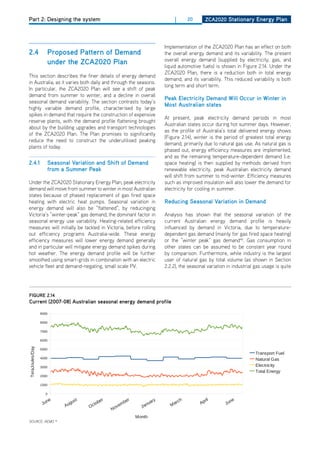Part 2: Designing the system                                                         |      20      ZCa2020 Stationary Energy Plan




                                                                                Implementation of the ZCA2020 Plan has an effect on both
2.4                    Proposed Pattern of demand                               the overall energy demand and its variability. The present
                                                                                overall energy demand (supplied by electricity, gas, and
                       under the ZCa2020 Plan                                   liquid automotive fuels) is shown in Figure 2.14. Under the
                                                                                ZCA2020 Plan, there is a reduction both in total energy
This section describes the finer details of energy demand
                                                                                demand, and its variability. This reduced variability is both
in Australia, as it varies both daily and through the seasons.
                                                                                long term and short term.
In particular, the ZCA2020 Plan will see a shift of peak
demand from summer to winter, and a decline in overall
                                                                                Peak Electricity demand will occur in winter in
seasonal demand variability. The section contrasts today’s
                                                                                most australian states
highly variable demand profile, characterised by large
spikes in demand that require the construction of expensive
                                                                                At present, peak electricity demand periods in most
reserve plants, with the demand profile flattening brought
                                                                                Australian states occur during hot summer days. however,
about by the building upgrades and transport technologies
                                                                                as the profile of Australia’s total delivered energy shows
of the ZCA2020 Plan. The Plan promises to significantly
                                                                                (Figure 2.14), winter is the period of greatest total energy
reduce the need to construct the underutilised peaking
                                                                                demand, primarily due to natural gas use. As natural gas is
plants of today.
                                                                                phased out, energy efficiency measures are implemented,
                                                                                and as the remaining temperature-dependent demand (i.e.
2.4.1                  Seasonal variation and Shift of demand                   space heating) is then supplied by methods derived from
                       from a Summer Peak                                       renewable electricity, peak Australian electricity demand
                                                                                will shift from summer to mid-winter. Efficiency measures
Under the ZCA2020 Stationary Energy Plan, peak electricity                      such as improved insulation will also lower the demand for
demand will move from summer to winter in most Australian                       electricity for cooling in summer.
states because of phased replacement of gas fired space
heating with electric heat pumps. Seasonal variation in                         reducing Seasonal variation in demand
energy demand will also be “flattened”, by reducinging
Victoria’s “winter-peak” gas demand, the dominant factor in                     Analysis has shown that the seasonal variation of the
seasonal energy use variability. heating-related efficiency                     current Australian energy demand profile is heavily
measures will initially be tackled in Victoria, before rolling                  influenced by demand in Victoria, due to temperature-
out efficiency programs Australia-wide. These energy                            dependent gas demand (mainly for gas fired space heating)
efficiency measures will lower energy demand generally                          or the “winter peak” gas demand46. Gas consumption in
and in particular will mitigate energy demand spikes during                     other states can be assumed to be constant year round
hot weather. The energy demand profile will be further                          by comparison. Furthermore, while industry is the largest
smoothed using smart-grids in combination with an electric                      user of natural gas by total volume (as shown in Section
vehicle fleet and demand-negating, small scale PV.                              2.2.2), the seasonal variation in industrial gas usage is quite




figurE 2.14                                                                 PDF EXPORT
Current (2007-08) australian seasonal energy demand profile
                        Current (2007-08) Australian Seasonal Energy Demand Profile
                 9000

                 8000
                                                                                                                                                                   9
                 7000

                 6000                                                                                                                                              8
TeraJoules/Day




                 5000
                                                                                                                             Transport Fuel                        7
                 4000                                                                                                        Natural Gas
                 3000                                                                                                        Electricity                           6
                                                                                                                             Total Energy
                 2000
                                                                                                                                                  TeraJoules/Day




                                                                                                                                                                   5
                 1000

                      0                                                                                                                                            4

                      un
                        e          us
                                      t
                                                  be
                                                     r         er         ary        rc h           ril           un
                                                                                                                    e
                  J              ug           c to           mb         nu         Ma             Ap          J
                             A            O                ve         Ja                                                                                           3
                                                         No
                                                                    Month
                                                                                                                                                                   2
SoURCE: AEMo 46


                                                                                                                                                                   1
 