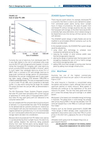 Part 2: Designing the system                                                |       29     ZCa2020 Stationary Energy Plan




   figurE 2.22                                                            ZCa2020 System flexibility
   Cost of solar Pv, kwh
                                                                          There may be a point where, for example, distributed PV
                                                                          is so prolific that there is close to zero demand for power
                            35.0                                          from centralised power plants during direct sunlight
                                                                          hours. In these circumstances, the value of power from
End-to-End Cost (USc/KWh)




                            30.0              20
                                                10                        centralised PV without storage would be very low. Solar
                                                                          thermal power with storage, on the other hand, would offer
                            25.0                                          a relatively high-value alternative, since it allows energy to
                                                                          be dispatched at any time during a 24 hour period, in line
                            20.0                                          with demand.

                                             2015                         The ZCA2020 system design is highly flexible and can be
                            15.0                   -2020                  modified to accommodate different scenarios such as the
                                                                          situation just described.
                            10.0
                                                                          In this example scenario, the ZCA2020 Plan system design
                             5.0                                          would be adjusted by:
                                                                          • using smart grid technology to schedule more
                             0.0                                              nonessential demands during the day;
                             1 kW   10 kW          100 kW       1000 kW   • reducing the number of wind turbines and/or solar
                                         Size of Installation
                                                                              thermal storage plants required;
                                                                          • altering the design of planned solar thermal plants (with
   Currently the cost of electricity from distributed solar PV                storage) by changing the ratio of mirror field to storage
   is very high relative to the cost of centralised utility scale             and turbine size appropriately; and
   sources like CST with storage and wind, however it is worth            • adding 30% more heat storage to existing solar thermal
   noting that household PV competes with retail electricity                  plants by adding more storage infrastructure.
   prices currently (2010) around 20c/kWh in Victoria71, which
   is much higher than wholesale electricity prices (3-4 c/
                                                                          2.5.4      wind Power
   kWh68). Also, in contrast to CST with storage, there are no
   large-scale commercial storage options for photovoltaics.
                                                                          Australia has one of the highest commercially
   Nonetheless the cost per installed peak watt of solar power
                                                                          exploitable wind resources per capita in the world (see
   has fallen rapidly, dropping 57% between 1998-2008 to
                                                                          Figure 2.23)75.
   US$6/(installed) Watt (peak). This has corresponded to a drop
   in cost of solar PV per kWh, and is projected to decrease              The wind resource in Australia is concentrated along
   further. It is also worth noting that the larger the installed         the eastern and southern coasts, although there are also
   PV system the lower the cost per kWh, as demonstrated in               significant patches of inland resource. Wind speeds in
   Figure 2.22 73.                                                        Australia are conducive to the exploitation of the wind
                                                                          resource for power. The fact that many good wind sites
   The IEA Photovoltaic Power Systems Program projects
                                                                          are in areas that already have grid coverage is an added
   that solar PV could reach grid parity with current sources
                                                                          benefit.
   of generation (in certain parts of Australia) before 201774,
   thus Solar PV may reach parity with CST delivered to the               Wind power is the lowest cost renewable energy technology
   consumer before 2017.                                                  in Australia. The global boom in wind energy has already
                                                                          seen prices drop by 80% in the last two decades, from 30
   As it can compete with the consumer electricity price at point
                                                                          cents per kilowatt hour in the 1980s to 5 cents per kilowatt
   of demand, it is recommended that solar PV be developed
                                                                          hour today77.
   on the demand side (at customer premises for instance) as
   a first dispatch with very low transmission costs, creating a          Projects such as the Chinese government’s 20,000 MW
   negative demand for grid electricity. It is not recommended            ‘Three Gorges of Wind’ (already under construction) are
   for use in central plants where the cost of transmission and           expected to drop turbine costs to less than 75% of current
   storage need to be taken into consideration.                           prices in the short-term, judging by the cost of the project
                                                                          itself78.
   Because electricity produced from PV needs to be used as
   it is produced (during direct sunlight hours), this electricity        Ultimately wind’s going to be the cheapest thing to do, so
   could usefully displace the electricity being produced                 you’ll dispatch that first
   directly from solar thermal plants during daylight hours,                       Jon wEllinghoff, Chairman of thE fEdEral EnErgy
   allowing a higher percentage of thermal energy to be stored                          rEgulation CommiSSion in thE unitEd StatES79
   and dispatched when needed.
 