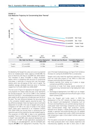 Part 3 : Australia’s 100% renewable energy supply                            |      54        ZCa2020 Stationary Energy Plan

                                            Figure ES-1 — Levelized Energy Cost Summary

  figurE 3.3
     16.0
  Cost reduction trajectory for Concentrating Solar thermal7
                  14.0



                  12.0



                  10.0
  cents per kWh




                   8.0


                                                                                                          6.2 cents/kWh    S&L-Trough
                   6.0
                                                                                                          5.5 cents/kWh    S&L - Tower

                   4.0                                                                                    4.3 cents/kWh    Sunlab -Trough

                                                                                                          3.5 cents/kWh     Sunlab - Tower

                   2.0



                   0.0
                              2004              2006           2010                2015               2020
                            Near Term                        Mid Term                               Long Term

                                S&l high-Cost bound    Cumulative deployment       Sunlab low-Cost bound        Cumulative deployment
                                                            2002-2020                                                2002–2020
                  Troughs           6.2 cents/kWh             2.8 GWe                     4.3 cents/kWh                   4.9 GWe
Sargent & Lundy allocated cost reduction as follows:
                  Towers            5.5 cents/kWh             2.6 GWe                     3.5 cents/kWh                   8.7 GWe
                                                     Cumulative                                           Cumulative
                         S&L High-Cost                                    SunLab Low-Cost
                                                     Deployment                                           Deployment
                               Bound
   As detailed by the Sargent & Lundy cost curve it is projected                 Bound
                                                                      use of the lower levelised energy cost figure from Sunlab as
                                                      2002–2020                                            2002–2020
   that at an installed power tower capacity of 8,700 MW, the         the basis for costing the ZCA2020 Plan is conservative.
   price of electricity will drop to 3.5c/kWh (US, 2003 dollars).
       Troughs            6.2 cents/kWh                2.8 GWe               4.3 cents/kWh                  4.9 GWe
                                                                      Sargent and Lundy noted the significant reductions in cost
   This translates to about 5-6c/kWh in today’s Australian
                                                                      from the initial pilot projects of the 1990’s to 2003 and
   dollars, which is competitive with the price of conventional
       Towers             5.5 cents/kWh                2.6 GWe        foresaw continuing reductions based on:GWe
                                                                             3.5 cents/kWh                  8.7
   coal power, in particular of recently built coal fired power
                                                                      • Industry learning from scaling up of plants to larger
   stations which are still paying off their cost of capital. The
                                                                         commercial size (49% of reductions)
   weighted average wholesale electricity price in Australia
Trough technology isc/kWh from 2006-200839. tower technology. Trough technologylarge 354 MW of commercial
   ranged from 5.37-6.38      further advanced than                   • Economies of scale from has volume production of
                                                                         components (e.g. heliostats) due to high deployment rates
generation in inoperation represents the Sargent & Lundy
   The red curve Figure 3.3 in the southwestern United (28%)              States. Tower technology has been successfully
   cost projection for towers while the pink curve represents         • Technological developments from R&d such as cheaper
demonstrated with a conceptual and pilot the Levelised Oneheliostat (mirror) modules and more efficient super-critical
   the SunLab projection. The 3.5-5.5 c/kWh is plants (Solar              and Solar Two). Trough technology is a fully mature
technology, and there is low technical anda power
   Electricity Cost (LEC) — the wholesale price at which financial risk inturbines (23%) near-term plants. The long-term
                                                                         steam developing
   plant needs to sell its electricity to break even over the life of
projection The main difference due to technology advances Since the thermal storage. Thereport technology needs
   the plant. has a higher risk between the two projections            needed in Sargent and Lundy tower in 2003 the
                                                                      development of the CST industry has been progressing,
   is the cumulative installed capacity assumed by each. The
to key difference between these two figures was an estimated as has There is a higher technical and financial as in
    proceed from demonstration to commercial development. research and development. Companies, such risk
                                                                      Torresol and SolarReserve, are commercialising industrial-
developing a first-of-its-kind commercial plant. as advantage of tower technology is that ifascommercial
   deployment of 2.6 GW in the case of Sargent and Lundy The
                                                                      scale power tower technology. Companies such           eSolar
   compared to 8.7 GW in the case of Sunlab. In the original
                                                                      have commercialised cheap, high production volume,
   report, these were referenced to an installation timeline
                                                                      heliostat mirror designs — eSolar power tower stations are
   from 2004—2020, but the key factor in achieving the cost
                                                                      already in operation and producing electricity. An updated
   reductions was not the timeline but the total installed capacity.
                                                                      publication from Sargent and Lundy in 2005 confirmed that
   This projection of 8,700 MW is likely to be substantially
                                                                      high-temperature super-critical steam turbines were now
   exceeded. There is currently 14GW of planned CST projects
                                                                      in operation.43
   in Spain40 and 2,440 MW under advanced development and
   construction41, 97 GW42 of solar applications received by the      The first plants to be built will naturally be more expensive
   U.S. Bureau of Land Management, and the ZCA2020 plan               than those produced when more industry experience and
   requires 47 gw of CST deployment in Australia. Thus, the           manufacturing capability are able to drive costs of solar
 