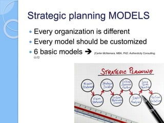 Strategic planning MODELS
 Every organization is different
 Every model should be customized
 6 basic models  [Carter ...