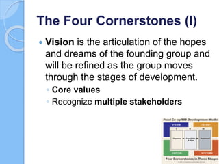 The Four Cornerstones (I)
 Vision is the articulation of the hopes
and dreams of the founding group and
will be refined a...