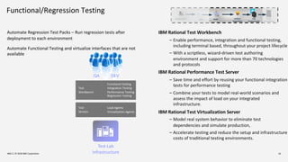 Functional/Regression Testing
IBM Z / © 2018 IBM Corporation 16
Automate Regression Test Packs – Run regression tests after
deployment to each environment
Automate Functional Testing and virtualize interfaces that are not
available
IBM Rational Test Workbench
Enable performance, integration and functional testing,
including terminal based, throughout your project lifecycle
With a scriptless, wizard-driven test authoring
environment and support for more than 70 technologies
and protocols
IBM Rational Performance Test Server
Save time and effort by reusing your functional integration
tests for performance testing
Combine your tests to model real-world scenarios and
assess the impact of load on your integrated
infrastructure.
IBM Rational Test Virtualization Server
Model real system behavior to eliminate test
dependencies and simulate production,
Accelerate testing and reduce the setup and infrastructure
costs of traditional testing environments.
Test
Workbench
Functional Testing
Integration Testing
Performance Testing
Regression Testing
Test
Servers
Load Agents
Virtualization Agents
Test Lab
Infrastructure
QA DEV
Development Build Artifact
Repository
SCM Test
Environments
Prod
Environment
 