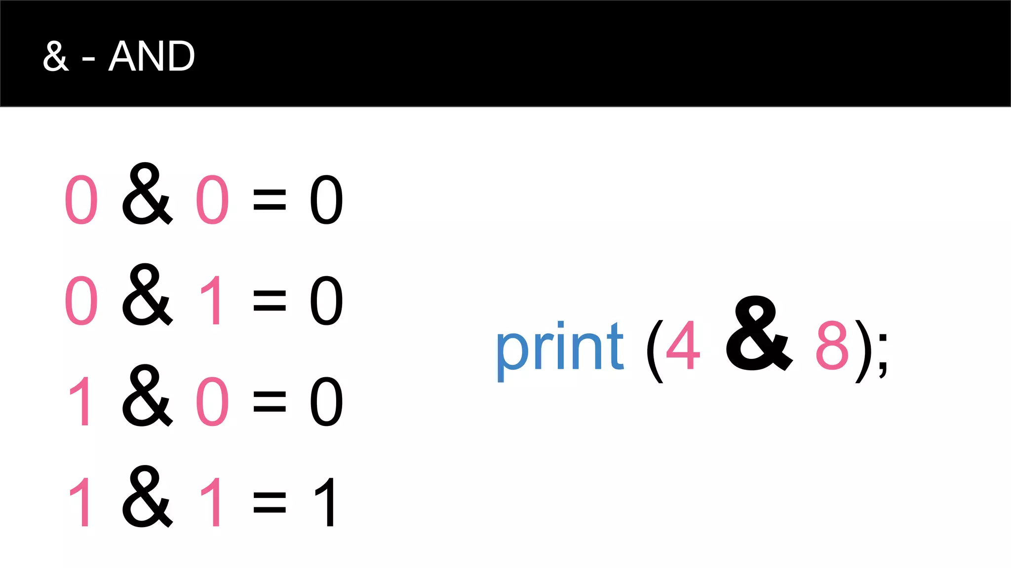 & - AND
0 & 0 = 0
0 & 1 = 0
1 & 0 = 0
1 & 1 = 1
print (4 & 8);
 