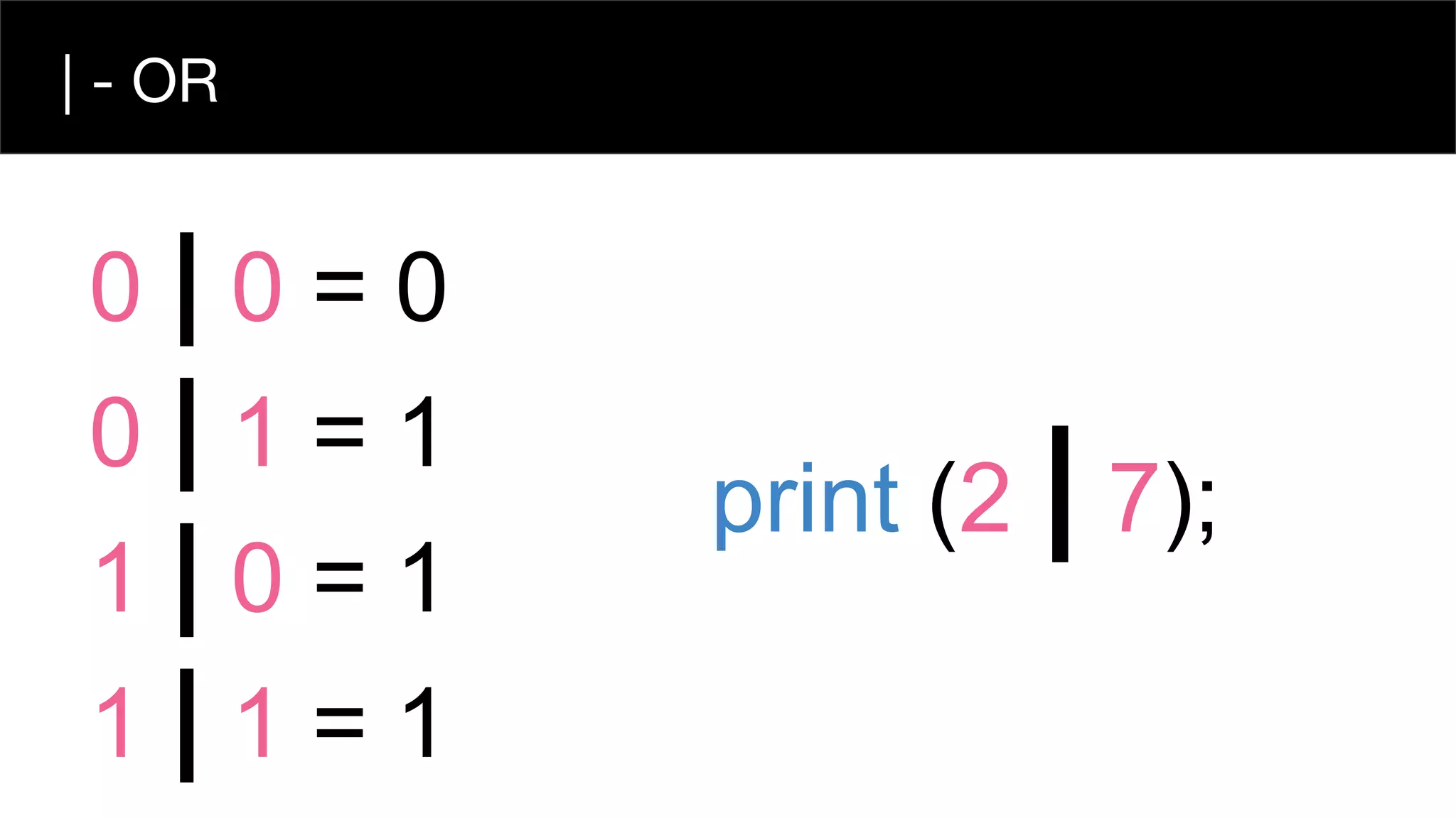 | - OR
0 | 0 = 0
0 | 1 = 1
1 | 0 = 1
1 | 1 = 1
print (2 | 7);
 