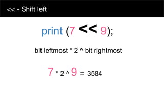bit leftmost * 2 ^ bit rightmost
<< - Shift left
print (7 << 9);
7 * 2 ^ 9 = 3584
 