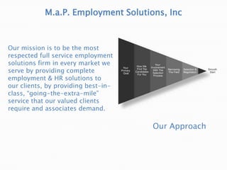 M.a.P. Employment Solutions, Inc



Our mission is to be the most
respected full service employment
solutions firm in every market we
serve by providing complete
employment & HR solutions to
our clients, by providing best-in-
class, “going-the-extra-mile”
service that our valued clients
require and associates demand.

                                     Our Approach
 