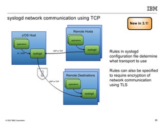 © 2023 IBM Corporation 26
syslogd network communication using TCP
Rules in syslogd
configuration file determine
what transport to use
Rules can also be specified
to require encryption of
network communication
using TLS
z/OS Host
syslogd
applications
applications
AF_UNIX
Remote Hosts
syslogd
applications
applications
UDP or TCP
Remote Destinations
syslogd
applications
applications
UDP or TCP
New in 3.1!
 
