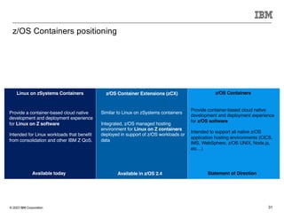 © 2023 IBM Corporation 31
z/OS Containers positioning
Linux on zSystems Containers z/OS Container Extensions (zCX) z/OS Containers
Similar to Linux on zSystems containers
Integrated, z/OS managed hosting
environment for Linux on Z containers
deployed in support of z/OS workloads or
data
Provide a container-based cloud native
development and deployment experience
for Linux on Z software
Intended for Linux workloads that benefit
from consolidation and other IBM Z QoS.
Available today Available in z/OS 2.4 Statement of Direction
Provide container-based cloud native
development and deployment experience
for z/OS software
Intended to support all native z/OS
application hosting environments (CICS,
IMS, WebSphere, z/OS UNIX, Node.js,
etc…)
 