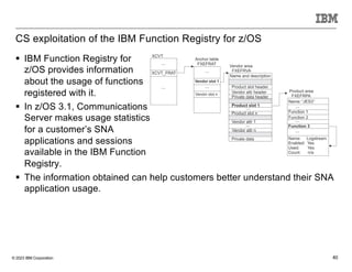 © 2023 IBM Corporation 40
CS exploitation of the IBM Function Registry for z/OS
§ IBM Function Registry for
z/OS provides information
about the usage of functions
registered with it.
§ In z/OS 3.1, Communications
Server makes usage statistics
for a customer’s SNA
applications and sessions
available in the IBM Function
Registry.
§ The information obtained can help customers better understand their SNA
application usage.
 