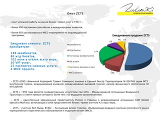 Опыт  ZCTS - опыт успешной работы на рынке бизнес-трэвел услуг с 1997 г.; - более 900 постоянных российских и международных клиентов; более 950 организованных  MICE -мероприятий по индивидуальной  программе;  Ежедневно клиенты  ZCTS  приобретают:  3 48 авиабилетов, 86 ж/д билетов, 102 ночи в отелях всего мира, 30 VIP-услуг,  23 паспортно-визовых услуги, 4  MICE  проекта. - ZCTS (ООО «Зеленский Корпорейт Тревел Солюшнз») внесено в Единый Реестр Туроператоров № 004746 серия МТЗ  (внутренний туризм, международный въездной, международный выездной туризм), размер финансового обеспечения 30 млн.рублей; - ZCTS с 1998 года является аккредитованным агентством при IATA - Международной Ассоциации Воздушного  Транспорта и имеет прямые контракты более чем с 60 ведущими авиакомпаниями; - ZCTS - единственный официальный представитель России и Украины в международной ассоциации GSM (Global Specialist Markets), включающую в себя представителей бизнес-трэвел агентств 42 стран мира; -  ZCTS - участник АБТ (бывш.  BTAA )  - Ассоциация Бизнес Туризма, объединяющая ведущие компании российского рынка корпоративного туристического обслуживания и индустрии встреч (MICE). 