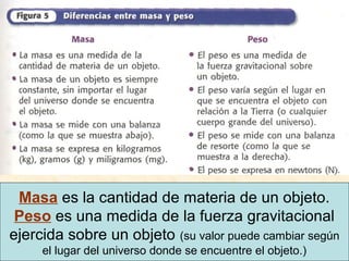 Masa es la cantidad de materia de un objeto.
Peso es una medida de la fuerza gravitacional
ejercida sobre un objeto (su valor puede cambiar según
el lugar del universo donde se encuentre el objeto.)
 