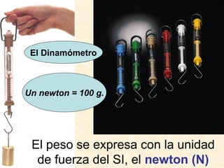 El peso se expresa con la unidad
de fuerza del SI, el newton (N)
Un newton = 100 g.
El Dinamómetro
 
