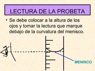 LECTURA DE LA PROBETA
• Se debe colocar a la altura de los
ojos y tomar la lectura que marque
debajo de la curvatura del menisco.
MENISCO
 