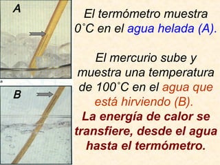 El termómetro muestra
0˚C en el agua helada (A).
El mercurio sube y
muestra una temperatura
de 100˚C en el agua que
está hirviendo (B).
La energía de calor se
transfiere, desde el agua
hasta el termómetro.
A
B
 
