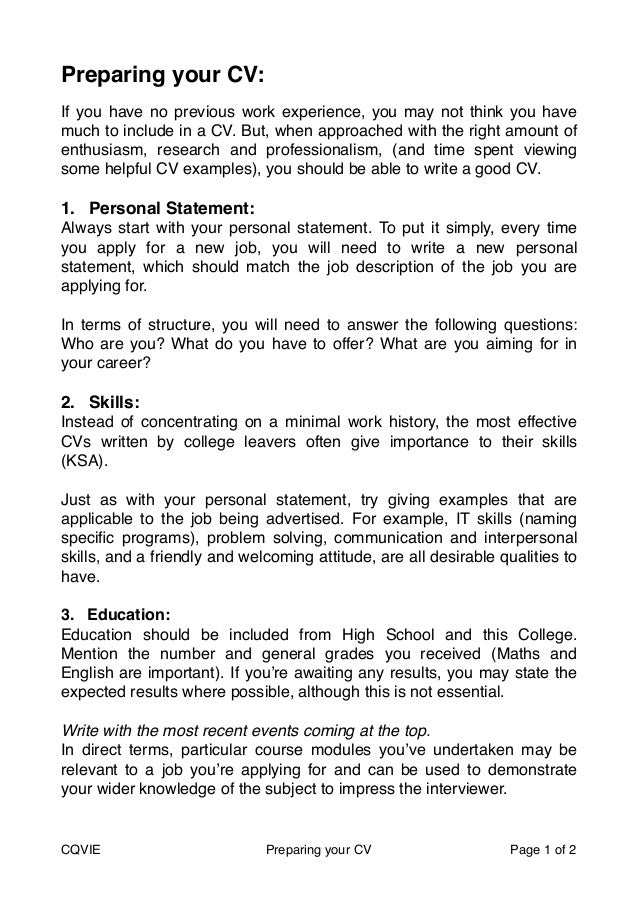 cv personal statement examples for school leavers