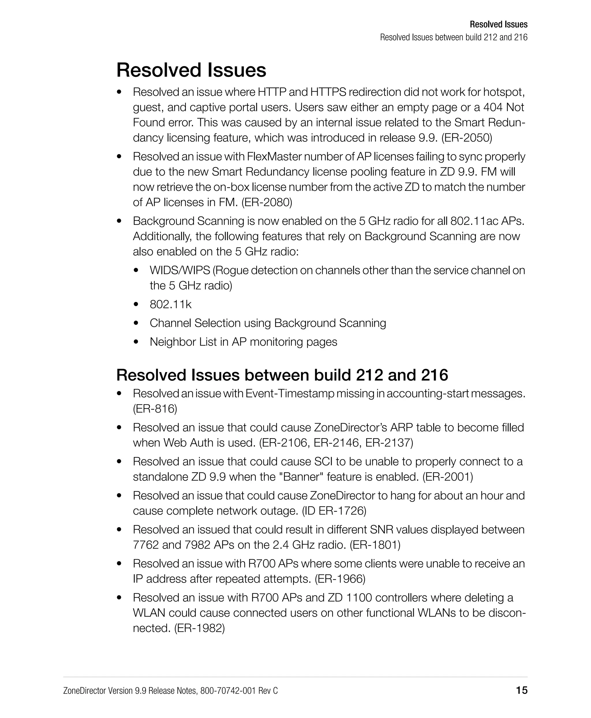 Resolved Issues
Resolved Issues between build 212 and 216
ZoneDirector Version 9.9 Release Notes, 800-70742-001 Rev C 15
Resolved Issues
• Resolved an issue where HTTP and HTTPS redirection did not work for hotspot,
guest, and captive portal users. Users saw either an empty page or a 404 Not
Found error. This was caused by an internal issue related to the Smart Redun-
dancy licensing feature, which was introduced in release 9.9. (ER-2050)
• Resolved an issue with FlexMaster number of AP licenses failing to sync properly
due to the new Smart Redundancy license pooling feature in ZD 9.9. FM will
now retrieve the on-box license number from the active ZD to match the number
of AP licenses in FM. (ER-2080)
• Background Scanning is now enabled on the 5 GHz radio for all 802.11ac APs.
Additionally, the following features that rely on Background Scanning are now
also enabled on the 5 GHz radio:
• WIDS/WIPS (Rogue detection on channels other than the service channel on
the 5 GHz radio)
• 802.11k
• Channel Selection using Background Scanning
• Neighbor List in AP monitoring pages
Resolved Issues between build 212 and 216
• Resolved an issue with Event-Timestamp missing in accounting-start messages.
(ER-816)
• Resolved an issue that could cause ZoneDirector’s ARP table to become filled
when Web Auth is used. (ER-2106, ER-2146, ER-2137)
• Resolved an issue that could cause SCI to be unable to properly connect to a
standalone ZD 9.9 when the "Banner" feature is enabled. (ER-2001)
• Resolved an issue that could cause ZoneDirector to hang for about an hour and
cause complete network outage. (ID ER-1726)
• Resolved an issued that could result in different SNR values displayed between
7762 and 7982 APs on the 2.4 GHz radio. (ER-1801)
• Resolved an issue with R700 APs where some clients were unable to receive an
IP address after repeated attempts. (ER-1966)
• Resolved an issue with R700 APs and ZD 1100 controllers where deleting a
WLAN could cause connected users on other functional WLANs to be discon-
nected. (ER-1982)
 