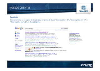 NOSSOS	
  CLIENTES	
  
Resultados:	
  
Posicionamento	
  na	
  1ª	
  página	
  do	
  Google	
  para	
  os	
  termos	
  de	
  busca	
  “bioenergé1ca”	
  (8º),	
  “bioenergé1ca	
  rio”	
  (1ª)	
  e	
  
“bioenergé1ca	
  poa”	
  (1ª),	
  na	
  Busca	
  Orgânica.	
  
 