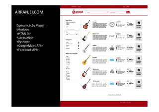 ARRANJEI.COM	
  
Comunicação	
  Visual	
  
Interface	
  
<HTML	
  5>	
  
<Javascript>	
  
<Python>	
  
<GoogleMaps	
  API>	
  
<Facebook	
  API>	
  
	
  
 