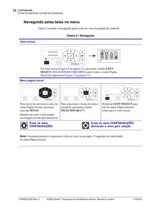 Introdução
Visor do painel de controle da impressora
12
P1062653-092 Rev. A ZD500 Series™ Impressora de transferência térmica Manual do usuário 1/16/2014
Navegando pelas telas no menu
Tabela 2 mostra a navegação pelas telas no visor do painel de controle.
Tabela 2 • Navegação
Visor ocioso
No visor ocioso (Figura 6 na página 11), pressione o botão LEFT
SELECT (SELECIONAR ESQUERDA) para ir para o menu Página
Inicial da impressora (Figura 7 na página 11).
Menu página inicial
Para mover de um ícone a outro no
menu Página Inicial, pressione
uma das SETAS.
Quando um ícone é selecionado,
sua imagem inverte para destacá-lo.
Para selecionar o ícone do menu e
acessá-lo, pressione o botão
SELECIONAR ().
Pressione LEFT SELECT para
sair do menu Página Inicial e
voltar para o visor ocioso.
Note • Automaticamente a impressora volta ao visor ocioso após 15 segundos de inatividade
do menu Página Inicial.
Ícone do menu
CONFIGURAÇÕES
Ícone do menu CONFIGURAÇÕES
destacado e ativo para seleção.
 