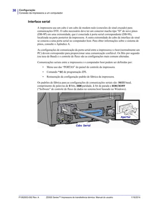 Configuração
Conexão da impressora a um computador
30
P1062653-092 Rev. A ZD500 Series™ Impressora de transferência térmica Manual do usuário 1/16/2014
Interface serial
A impressora usa um cabo é um cabo de modem nulo (conexões de sinal cruzado) para
comunicações DTE. O cabo necessário deve ter um conector macho tipo “D” de nove pinos
(DB-9P) em uma extremidade, que é conectada à porta serial correspondente (DB-9S),
localizada na parte posterior da impressora. A outra extremidade do cabo da interface de sinal
se conecta a uma porta serial no computador host. Para obter informações sobre o sistema de
pinos, consulte o Apêndice A.
As configurações de comunicação da porta serial entre a impressora e o host (normalmente um
PC) devem corresponder para proporcionar uma comunicação confiável. Os Bits por segundo
(ou taxa de Baud) e o controle de fluxo são as configurações mais comuns alteradas.
Comunicações seriais entre a impressora e o computador host podem ser definidas por:
• Menu uso das “PORTAS” do painel de controle da impressora.
• Comando ^SC de programação ZPL
• Restauração da configuração padrão de fábrica da impressora.
Os padrões de fábrica para as configurações de comunicações seriais são: 9600 baud,
comprimento de palavras de 8 bits, SEM paridade, 1 bit de parada e XON/XOFF
(“Software” de controle de fluxo de dados no sistema host baseado no Windows).
Apertar
Cabo Serial
 