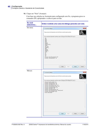 Configuração
Configure Usando o Assistente de Conectividade
40
P1062653-092 Rev. A ZD500 Series™ Impressora de transferência térmica Manual do usuário 1/16/2014
14. Clique em “Next” (Avançar).
Com base nas seleções no Assistente para configuração sem fio, o programa grava os
comandos ZPL apropriados e exibe-os para revisão.
Se você
selecionou...
Então é exibida uma caixa de diálogo parecida com esta.
De mesa
Móveis
 