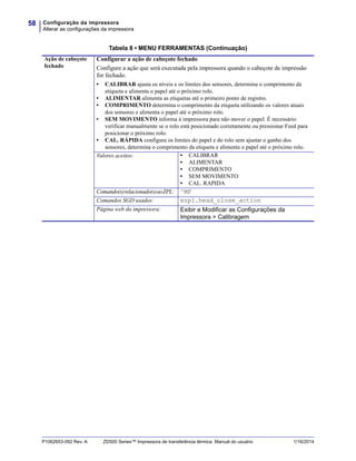 Configuração da impressora
Alterar as configurações da impressora
58
P1062653-092 Rev. A ZD500 Series™ Impressora de transferência térmica Manual do usuário 1/16/2014
Ação de cabeçote
fechado
Configurar a ação de cabeçote fechado
Configure a ação que será executada pela impressora quando o cabeçote de impressão
for fechado.
• CALIBRAR ajusta os níveis e os limites dos sensores, determina o comprimento da
etiqueta e alimenta o papel até o próximo rolo.
• ALIMENTAR alimenta as etiquetas até o primeiro ponto de registro.
• COMPRIMENTO determina o comprimento da etiqueta utilizando os valores atuais
dos sensores e alimenta o papel até o próximo rolo.
• SEM MOVIMENTO informa à impressora para não mover o papel. É necessário
verificar manualmente se o rolo está posicionado corretamente ou pressionar Feed para
posicionar o próximo rolo.
• CAL. RÁPIDA configura os limites do papel e do rolo sem ajustar o ganho dos
sensores, determina o comprimento da etiqueta e alimenta o papel até o próximo rolo.
Valores aceitos: • CALIBRAR
• ALIMENTAR
• COMPRIMENTO
• SEM MOVIMENTO
• CAL. RAPIDA
Comando(s)relacionado(s)aoZPL: ^MF
Comandos SGD usados: ezpl.head_close_action
Página web da impressora: Exibir e Modificar as Configurações da
Impressora > Calibragem
Tabela 8 • MENU FERRAMENTAS (Continuação)
 