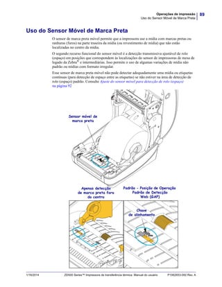89Operações de impressão
Uso do Sensor Móvel de Marca Preta
1/16/2014 ZD500 Series™ Impressora de transferência térmica Manual do usuário P1062653-092 Rev. A
Uso do Sensor Móvel de Marca Preta
O sensor de marca preta móvel permite que a impressora use a mídia com marcas pretas ou
ranhuras (furos) na parte traseira da mídia (ou revestimento de mídia) que não estão
localizadas no centro da mídia.
O segundo recurso funcional do sensor móvel é a detecção transmissiva ajustável de rolo
(espaço) em posições que correspondem às localizações do sensor de impressoras de mesa de
legado da Zebra®
e intermediárias. Isso permite o uso de algumas variações de mídia não
padrão ou mídias com formato irregular.
Esse sensor de marca preta móvel não pode detectar adequadamente uma mídia ou etiquetas
contínuas (para detecção de espaço entre as etiquetas) se não estiver na área de detecção de
rolo (espaço) padrão. Consulte Ajuste do sensor móvel para detecção de rolo (espaço)
na página 92
Sensor móvel de
marca preta
Apenas detecção
de marca preta fora
do centro
Padrão - Posição de Operação
Padrão de Detecção
Web (GAP)
Chave
de alinhamento
 