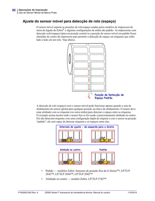 Operações de impressão
Uso do Sensor Móvel de Marca Preta
92
P1062653-092 Rev. A ZD500 Series™ Impressora de transferência térmica Manual do usuário 1/16/2014
Ajuste do sensor móvel para detecção de rolo (espaço)
O sensor móvel suporta as posições de rolo/espaço usadas pelos modelos de impressora de
mesa de legado da Zebra®
e algumas configurações de mídia não padrão. As impressoras com
detecção web (espaço) típica na posição central ou a posição do sensor móvel em padrão ficam
afastadas do centro da impressora para permitir a detecção de espaço em etiquetas que estão
lado a lado em um rolo. Veja abaixo.
A detecção de rolo (espaço) com o sensor móvel pode funcionar apenas quando a seta de
alinhamento do sensor aponta para qualquer posição na chave de alinhamento. O sensor deve
estar alinhado com as etiquetas (ou outra mídia) para detectar o espaço entre as etiquetas.
O exemplo acima mostra onde o sensor fica se for usado o posicionamento alinhado no centro.
Ele não detectará etiquetas com uma configuração dupla de etiqueta e com o sensor na posição
“padrão”, ele será capaz de detectar etiquetas e os espaços entre elas.
• Padrão — modelos Zebra: Sensores de posição fixa da G-Series™, LP/TLP
2842™, LP/TLP 2844™, LP/TLP 2042™
• Alinhado no centro — modelo Zebra: LP/TLP 2742™
CL
Posição de Detecção de
Espaço Padrão
Intervalo de ajuste - da esquerda para a direita
PadrãoAlinhado no centro
 