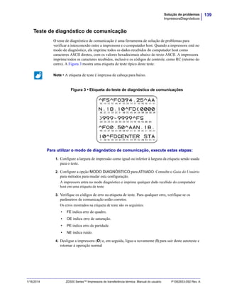 139Solução de problemas
ImpressoraDiagnósticos
1/16/2014 ZD500 Series™ Impressora de transferência térmica Manual do usuário P1062653-092 Rev. A
Teste de diagnóstico de comunicação
O teste de diagnóstico de comunicação é uma ferramenta de solução de problemas para
verificar a interconexão entre a impressora e o computador host. Quando a impressora está no
modo de diagnóstico, ela imprime todos os dados recebidos do computador host como
caracteres ASCII diretos, com os valores hexadecimais abaixo do texto ASCII. A impressora
imprime todos os caracteres recebidos, inclusive os códigos de controle, como RC (retorno do
carro). A Figura 3 mostra uma etiqueta de teste típico deste teste.
Figura 3 • Etiqueta do teste de diagnóstico de comunicações
Para utilizar o modo de diagnóstico de comunicação, execute estas etapas:
1. Configure a largura de impressão como igual ou inferior à largura da etiqueta sendo usada
para o teste.
2. Configure a opção MODO DIAGNÓSTICO para ATIVADO. Consulte o Guia do Usuário
para métodos para mudar esta configuração.
A impressora entra no modo diagnóstico e imprime qualquer dado recebido do computador
host em uma etiqueta de teste
3. Verifique os códigos de erro na etiqueta de teste. Para qualquer erro, verifique se os
parâmetros de comunicação estão corretos.
Os erros mostrados na etiqueta de teste são os seguintes:
• FE indica erro de quadro.
• OE indica erro de saturação.
• PE indica erro de paridade.
• NE indica ruído.
4. Desligue a impressora (O) e, em seguida, ligue-a novamente (I) para sair deste autoteste e
retornar à operação normal
Note • A etiqueta de teste é impressa de cabeça para baixo.
 