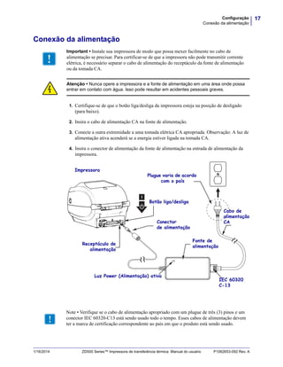17Configuração
Conexão da alimentação
1/16/2014 ZD500 Series™ Impressora de transferência térmica Manual do usuário P1062653-092 Rev. A
Conexão da alimentação
1. Certifique-se de que o botão liga/desliga da impressora esteja na posição de desligado
(para baixo).
2. Insira o cabo de alimentação CA na fonte de alimentação.
3. Conecte a outra extremidade a uma tomada elétrica CA apropriada. Observação: A luz de
alimentação ativa acenderá se a energia estiver ligada na tomada CA.
4. Insira o conector de alimentação da fonte de alimentação na entrada de alimentação da
impressora.
Important • Instale sua impressora de modo que possa mexer facilmente no cabo de
alimentação se precisar. Para certificar-se de que a impressora não pode transmitir corrente
elétrica, é necessário separar o cabo de alimentação do receptáculo da fonte de alimentação
ou da tomada CA.
Atenção • Nunca opere a impressora e a fonte de alimentação em uma área onde possa
entrar em contato com água. Isso pode resultar em acidentes pessoais graves.
Conector
de alimentação
Botão liga/desliga
Plugue varia de acordo
com o país
Luz Power (Alimentação) ativa
Receptáculo de
alimentação
Cabo de
alimentação
CA
Impressora
Fonte de
alimentação
IEC 60320
C-13
Note • Verifique se o cabo de alimentação apropriado com um plugue de três (3) pinos e um
conector IEC 60320-C13 está sendo usado todo o tempo. Esses cabos de alimentação devem
ter a marca de certificação correspondente ao país em que o produto está sendo usado.
 