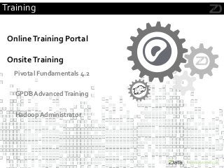 Training
Pivotal Fundamentals 4.2
Hadoop Administrator
GPDB AdvancedTraining
OnlineTraining Portal
OnsiteTraining
 