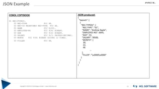 Copyright © 2019 HCL Technologies Limited | www.hcltech.com
Copyright © 2019 HCL Technologies Limited | www.hcltechsw.com
JSON Example
10
JSON produced:
{
"layouts": [
{
"REC-TYPE01": {
"REC-TYPE": "01",
"NAME": "Andrew Apple",
"EMPLOYEE-NO": 6645,
"AGE": 53,
"SALARY": 78500,
"MONTH": [
30,
22,
46
…
],
"FILLER": "u0000u0000"
}
}
]
}
COBOL COPYBOOK
01 REC-TYPE01.
03 REC-TYPE PIC XX.
03 REC-ID REDEFINES REC-TYPE PIC XX.
03 NAME PIC X(20).
03 EMPLOYEE-NO PIC 9(4) BINARY.
03 AGE PIC 9(4) BINARY.
03 SALARY PIC 9(7) PACKED-DECIMAL.
03 MONTH PIC 9(8) BINARY OCCURS 12 TIMES.
03 FILLER PIC XX.
 