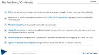 Copyright © 2019 HCL Technologies Limited | www.hcltech.com
Copyright © 2019 HCL Technologies Limited | www.hcltechsw.com
The Problems / Challenges
3
80% of the world’s corporate data still resides on mainframe systems today (H. Tessler, Enterprise Systems Media).
Significant % of mainframe workloads are written in COBOL, PL/I or Assembler language – data layout defined in
those languages.
Monolithic system with decades of incremental enhancements.
Highly risk averse due to mainframe workloads typically represent the most important enterprise systems (e.g. core
banking systems) and cost sensitive.
Skills shortage with new generation IT professionals gravitated towards new technology (e.g. REST APIs and Java).
Difficult to discover and integrate existing mainframe assets with the rest of enterprise systems.
➢
➢
➢
➢
➢
➢
 
