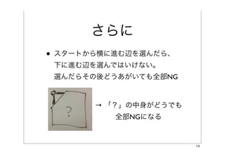 さらに
• スタートから横に進む辺を選んだら、
 下に進む辺を選んではいけない。
 選んだらその後どうあがいても全部NG



       → 「？」の中身がどうでも
          全部NGになる


                       14
 