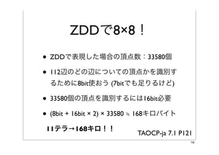 ZDDで8×8！
• ZDDで表現した場合の頂点数：33580個
• 112辺のどの辺についての頂点かを識別す
  るために8bit使おう (7bitでも足りるけど)

• 33580個の頂点を識別するには16bit必要
• (8bit + 16bit × 2) × 33580 ≒ 168キロバイト
 11テラ→168キロ！！
                           TAOCP-ja 7.1 P121
                                           16
 