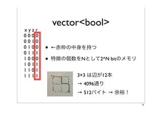 vector<bool>

• ←赤枠の中身を持つ
• 特徴の個数をNとして2^N bitのメモリ
        3×3 は辺が12本
        → 4096通り
        → 512バイト → 余裕！

                          6
 