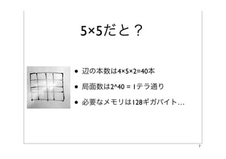 5×5だと？

• 辺の本数は4×5×2=40本
• 局面数は2^40 = 1テラ通り
• 必要なメモリは128ギガバイト…


                     7
 
