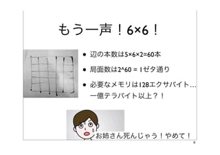 もう一声！6×6！
  • 辺の本数は5×6×2=60本
  • 局面数は2^60 = 1ゼタ通り
  • 必要なメモリは128エクサバイト…
   一億テラバイト以上？！




    お姉さん死んじゃう！やめて！
                     8
 