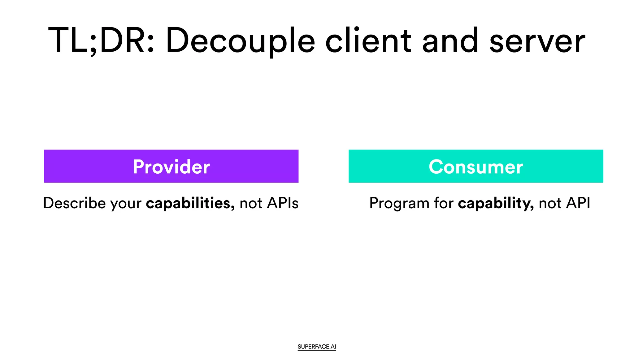 TL;DR: Decouple client and server
Describe your capabilities, not APIs Program for capability, not API
Provider Consumer
SUPERFACE.AI
 
