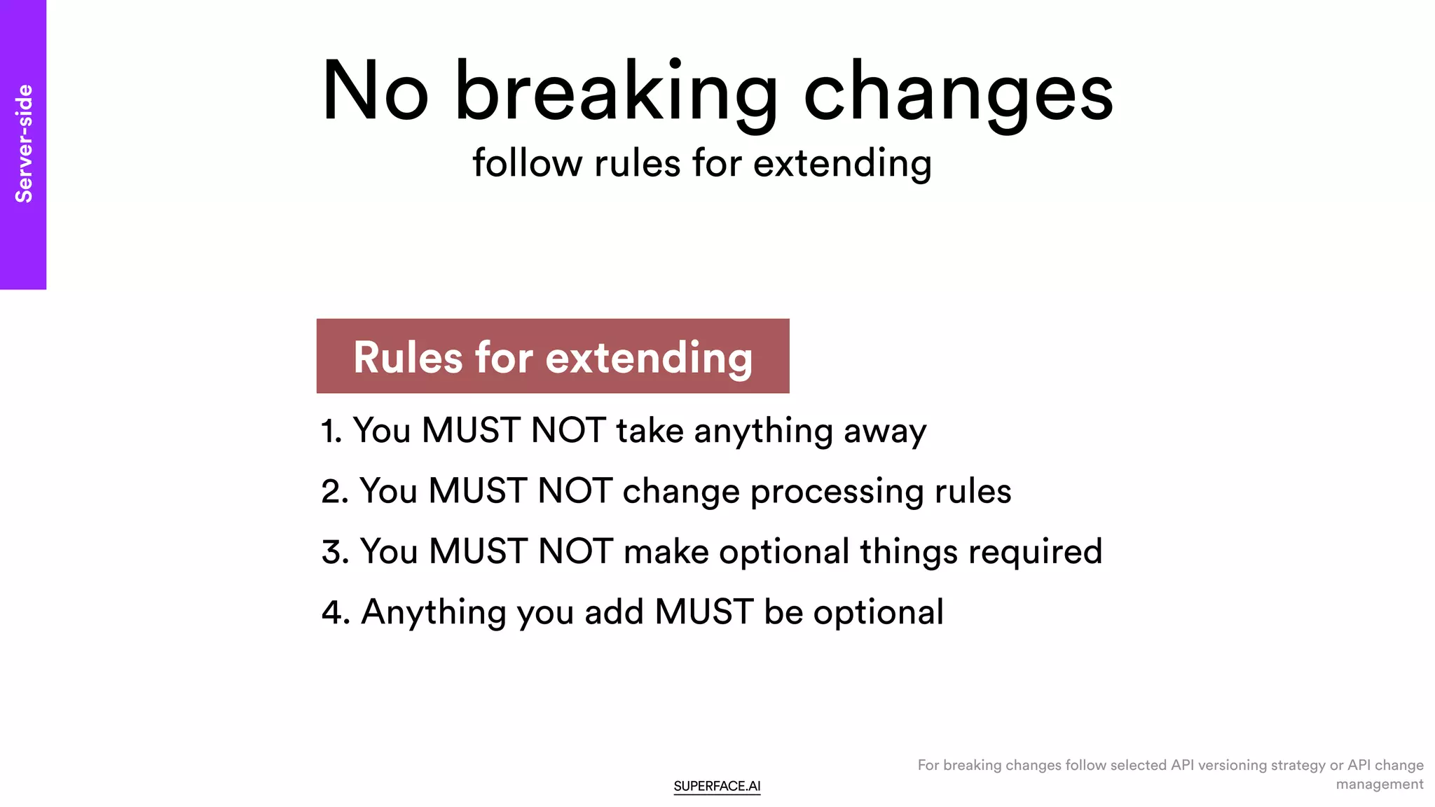SUPERFACE.AI
1. You MUST NOT take anything away


2. You MUST NOT change processing rules


3. You MUST NOT make optional things required


4. Anything you add MUST be optional
No breaking changes
Rules for extending
Server-side
follow rules for extending
For breaking changes follow selected API versioning strategy or API change
management
 