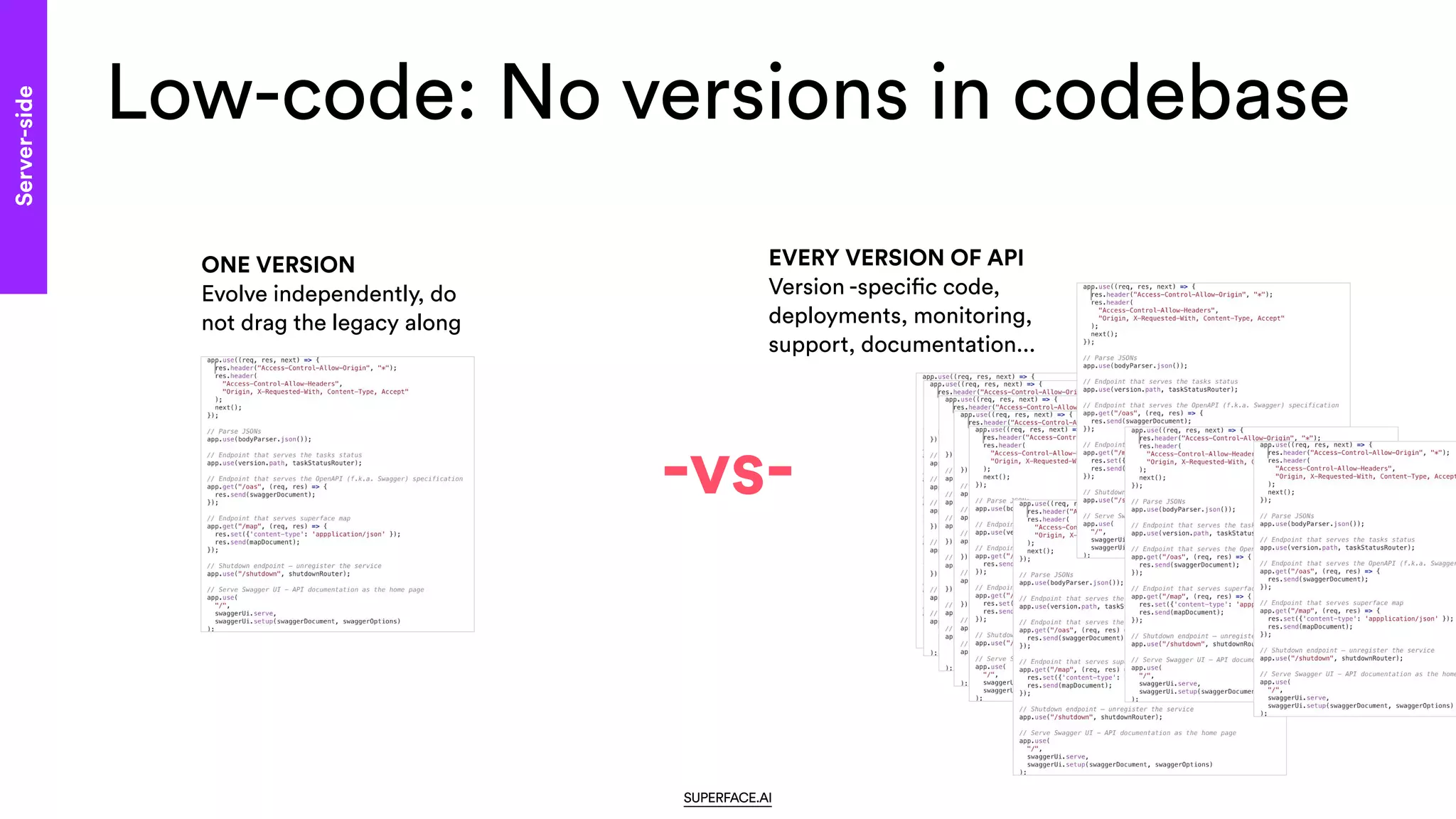 Low-code: No versions in codebase
SUPERFACE.AI
Server-side
ONE VERSION
 
Evolve independently, do
not drag the legacy along
EVERY VERSION OF API
 
Version -speci
fi
c code,
deployments, monitoring,
support, documentation...
-vs-
 
