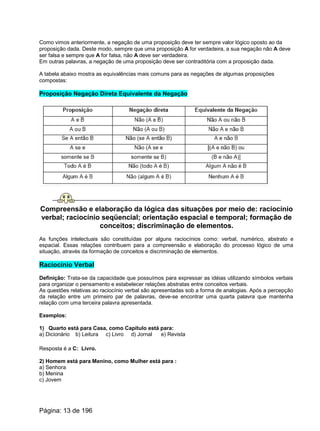 Como vimos anteriormente, a negação de uma proposição deve ter sempre valor lógico oposto ao da
proposição dada. Deste modo, sempre que uma proposição A for verdadeira, a sua negação não A deve
ser falsa e sempre que A for falsa, não A deve ser verdadeira.
Em outras palavras, a negação de uma proposição deve ser contraditória com a proposição dada.
A tabela abaixo mostra as equivalências mais comuns para as negações de algumas proposições
compostas:
Proposição Negação Direta Equivalente da Negação
Compreensão e elaboração da lógica das situações por meio de: raciocínio
verbal; raciocínio seqüencial; orientação espacial e temporal; formação de
conceitos; discriminação de elementos.
As funções intelectuais são constituídas por alguns raciocínios como: verbal, numérico, abstrato e
espacial. Essas relações contribuem para a compreensão e elaboração do processo lógico de uma
situação, através da formação de conceitos e discriminação de elementos.
Raciocínio Verbal
Definição: Trata-se da capacidade que possuímos para expressar as idéias utilizando símbolos verbais
para organizar o pensamento e estabelecer relações abstratas entre conceitos verbais.
As questões relativas ao raciocínio verbal são apresentadas sob a forma de analogias. Após a percepção
da relação entre um primeiro par de palavras, deve-se encontrar uma quarta palavra que mantenha
relação com uma terceira palavra apresentada.
Exemplos:
1) Quarto está para Casa, como Capítulo está para:
a) Dicionário b) Leitura c) Livro d) Jornal e) Revista
Resposta é a C: Livro.
2) Homem está para Menino, como Mulher está para :
a) Senhora
b) Menina
c) Jovem
Página: 13 de 196
 