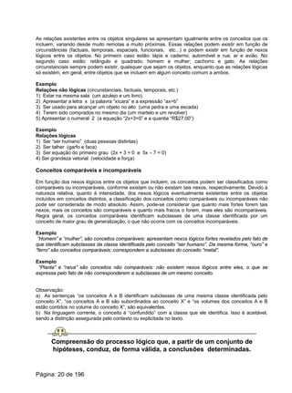 As relações existentes entre os objetos singulares se apresentam igualmente entre os conceitos que os
incluem, variando desde muito remotas a muito próximas. Essas relações podem existir em função de
circunstâncias (factuais, temporais, espaciais, funcionais, etc...) e podem existir em função de nexos
lógicos entre os objetos. No primeiro caso estão: lápis e caderno; automóvel e rua; ar e avião. No
segundo caso estão: retângulo e quadrado; homem e mulher; cachorro e gato. As relações
circunstanciais sempre podem existir, quaisquer que sejam os objetos, enquanto que as relações lógicas
só existem, em geral, entre objetos que se incluem em algum conceito comum a ambos.
Exemplo
Relações não lógicas (circunstanciais, factuais, temporais, etc.)
1) Estar na mesma sala (um azulejo e um livro)
2) Apresentar a letra x (a palavra “xícara” e a expressão “ax+b”
3) Ser usado para alcançar um objeto no alto (uma pedra e uma escada)
4) Terem sido comprados no mesmo dia (um martelo e um revolver)
5) Apresentar o numeral 2 (a equação “2x+3=0” e a quantia “R$27,00”)
Exemplo
Relações lógicas
1) Ser “ser humano” (duas pessoas distintas)
2) Ser talher (garfo e faca)
3) Ser equação do primeiro grau (2x + 3 = 0 e 5x – 7 = 0)
4) Ser grandeza vetorial (velocidade e força)
Conceitos comparáveis e incomparáveis
Em função dos nexos lógicos entre os objetos que incluem, os conceitos podem ser classificados como
comparáveis ou incomparáveis, conforme existam ou não existam tais nexos, respectivamente. Devido à
natureza relativa, quanto à intensidade, dos nexos lógicos eventualmente existentes entre os objetos
incluídos em conceitos distintos, a classificação dos conceitos como comparáveis ou incomparáveis não
pode ser considerada de modo absoluto. Assim, pode-se considerar que quanto mais fortes forem tais
nexos, mais os conceitos são comparáveis e quanto mais fracos o forem, mais eles são incomparáveis.
Regra geral, os conceitos comparáveis identificam subclasses de uma classe identificada por um
conceito de maior grau de generalização, o que não ocorre com os conceitos incomparáveis.
Exemplo
“Homem” e “mulher”, são conceitos comparáveis: apresentam nexos lógicos fortes revelados pelo fato de
que identificam subclasses da classe identificada pelo conceito “ser humano”. Da mesma forma, “ouro” e
“ferro” são conceitos comparáveis: correspondem a subclasses do conceito “metal”.
Exemplo
“Planta” e “raiva” são conceitos não comparáveis: não existem nexos lógicos entre eles, o que se
expressa pelo fato de não corresponderem a subclasses de um mesmo conceito.
Observação:
a) As sentenças “os conceitos A e B identificam subclasses de uma mesma classe identificada pelo
conceito X”, “os conceitos A e B são subordinados ao conceito X” e “os volumes dos conceitos A e B
estão contidos no volume do conceito X”, são equivalentes.
b) Na linguagem corrente, o conceito é “confundido” com a classe que ele identifica. Isso é aceitável,
sendo a distinção assegurada pelo contexto ou explicitada no texto.
Compreensão do processo lógico que, a partir de um conjunto de
hipóteses, conduz, de forma válida, a conclusões determinadas.
Página: 20 de 196
 