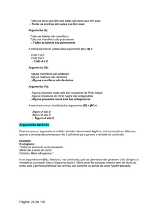 Todos os seres que têm seis patas são seres que têm asas
:. Todas as aranhas são seres que têm asas
Argumento (II):
Todas as baleias são mamíferos
Todos os mamíferos são pulmonares
:. Todas as baleias são pulmonares
A estrutura comum (válida) dos argumentos (I) e (II) é:
Todo A é B
Todo B é C
:. Todo A é C
Argumento (III):
Alguns mamíferos são cetáceos
Alguns cetáceos são dentados
:. Alguns mamíferos são dentados
Argumento (IV):
Alguns presentes nesta sala são moradores de Porto Alegre
Alguns moradores de Porto Alegre são octagenários
:. Alguns presentes nesta sala são octagenários
A estrutura comum (inválida) dos argumentos (III) e (IV) é:
Alguns A são B
Alguns B são C
:. Alguns A são C
Argumento Inválido
Dizemos que um argumento é inválido, também denominado ilegítimo, mal construído ou falacioso,
quando a verdade das premisssas não é suficiente para garantir a verdade da conclusão.
Exemplo:
O silogismo:
“Todos os alunos do curso passaram.
Maria não é aluna do curso.
Portanto, Maria não passou.”
é um argumento inválido, falacioso, mal construído, pois as premissas não garantem (não obrigam) a
verdade da conclusão (veja o diagrama abaixo). Maria pode Ter passado mesmo sem ser aluna do
curso, pois a primeira premissa não afirmou que somente os alunos do curso haviam passado.
Página: 24 de 196
 