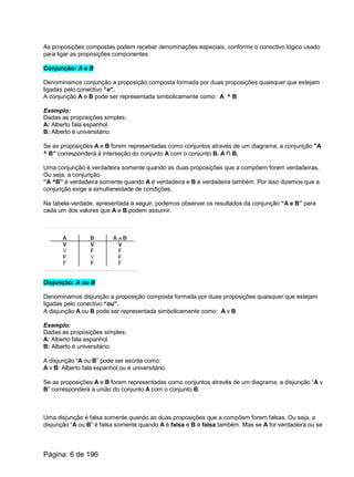 As proposições compostas podem receber denominações especiais, conforme o conectivo lógico usado
para ligar as proposições componentes.
Conjunção: A e B
Denominamos conjunção a proposição composta formada por duas proposições quaisquer que estejam
ligadas pelo conectivo “e”.
A conjunção A e B pode ser representada simbolicamente como: A ^ B
Exemplo:
Dadas as proposições simples:
A: Alberto fala espanhol.
B: Alberto é universitário.
Se as proposições A e B forem representadas como conjuntos através de um diagrama, a conjunção ”A
^ B” corresponderá à interseção do conjunto A com o conjunto B. A ∩ B.
Uma conjunção é verdadeira somente quando as duas proposições que a compõem forem verdadeiras,
Ou seja, a conjunção
”A ^B” é verdadeira somente quando A é verdadeira e B é verdadeira também. Por isso dizemos que a
conjunção exige a simultaneidade de condições.
Na tabela-verdade, apresentada a seguir, podemos observar os resultados da conjunção “A e B” para
cada um dos valores que A e B podem assumir.
Disjunção: A ou B
Denominamos disjunção a proposição composta formada por duas proposições quaisquer que estejam
ligadas pelo conectivo “ou”.
A disjunção A ou B pode ser representada simbolicamente como: A v B
Exemplo:
Dadas as proposições simples:
A: Alberto fala espanhol.
B: Alberto é universitário.
A disjunção “A ou B” pode ser escrita como:
A v B: Alberto fala espanhol ou é universitário.
Se as proposições A e B forem representadas como conjuntos através de um diagrama, a disjunção “A v
B” corresponderá à união do conjunto A com o conjunto B.
Uma disjunção é falsa somente quando as duas proposições que a compõem forem falsas. Ou seja, a
disjunção “A ou B” é falsa somente quando A é falsa e B é falsa também. Mas se A for verdadeira ou se
Página: 6 de 196
 
