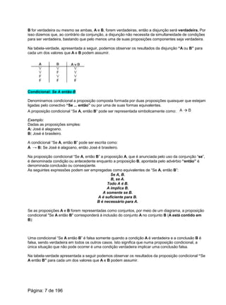 B for verdadeira ou mesmo se ambas, A e B, forem verdadeiras, então a disjunção será verdadeira. Por
isso dizemos que, ao contrário da conjunção, a disjunção não necessita da simultaneidade de condições
para ser verdadeira, bastando que pelo menos uma de suas proposições componentes seja verdadeira.
Na tabela-verdade, apresentada a seguir, podemos observar os resultados da disjunção “A ou B” para
cada um dos valores que A e B podem assumir.
Condicional: Se A então B
Denominamos condicional a proposição composta formada por duas proposições quaisquer que estejam
ligadas pelo conectivo “Se ... então” ou por uma de suas formas equivalentes.
A proposição condicional “Se A, então B” pode ser representada simbolicamente como:
Exemplo:
Dadas as proposições simples:
A: José é alagoano.
B: José é brasileiro.
A condicional “Se A, então B” pode ser escrita como:
A → B: Se José é alagoano, então José é brasileiro.
Na proposição condicional “Se A, então B” a proposição A, que é anunciada pelo uso da conjunção “se”,
é denominada condição ou antecedente enquanto a proposição B, apontada pelo advérbio “então” é
denominada conclusão ou conseqüente.
As seguintes expressões podem ser empregadas como equivalentes de “Se A, então B”:
Se A, B.
B, se A.
Todo A é B.
A implica B.
A somente se B.
A é suficiente para B.
B é necessário para A.
Se as proposições A e B forem representadas como conjuntos, por meio de um diagrama, a proposição
condicional "Se A então B" corresponderá à inclusão do conjunto A no conjunto B (A está contido em
B):
Uma condicional “Se A então B” é falsa somente quando a condição A é verdadeira e a conclusão B é
falsa, sendo verdadeira em todos os outros casos. Isto significa que numa proposição condicional, a
única situação que não pode ocorrer é uma condição verdadeira implicar uma conclusão falsa.
Na tabela-verdade apresentada a seguir podemos observar os resultados da proposição condicional “Se
A então B” para cada um dos valores que A e B podem assumir.
Página: 7 de 196
 