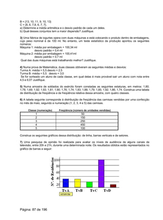 B = {13, 10, 11, 9, 10, 13}
C = {8, 6, 7,8, 6, 7, 7}.
a) Determine a média aritmética e o desvio padrão de cada um deles.
b) Qual desses conjuntos tem a maior dispersão? Justifique.
3) Uma fábrica de iogurtes opera com duas máquinas e está colocando o produto dentro de embalagens,
cujo peso nominal é de 100 ml. No entanto, um teste estatístico da produção apontou os seguintes
números:
Máquina 1: média por embalagem = 100,34 ml
desvio padrão = 0,4 ml
Máquina 2: média por embalagem = 100,41ml
desvio padrão = 0,7 ml
Qual das duas máquinas está trabalhando melhor? Justifique.
4) Numa prova de Matemática, duas classes obtiveram as seguintes médias e desvios:
Turma A: média = 5,5 desvio = 2,5
Turma B: média = 5,5 desvio = 3,0
Se for sorteado um aluno de cada classe, em qual delas é mais provável sair um aluno com nota entre
4,5 e 6,0? Justifique.
5) Numa amostra de soldados do exército foram constadas as seguintes estaturas, em metros: 1,80;
1,78; 1,69; 1,92; 1,93; 1,81; 1,90; 1,76; 1,74; 1,83; 1,88; 1,79; 1,85; 1,92; 1,86; 1,74. Construa uma tabela
de distribuição de freqüência e de freqüência relativa dessa amostra, com quatro classes.
6) A tabela seguinte corresponde à distribuição de freqüência das camisas vendidas por uma confecção
no mês de maio, segundo a numeração (1, 2, 3, 4 e 5) das camisas.
Classe (numeração) Freqüência (número de unidades vendidas)
1 50
2 150
3 250
4 450
5 100
Construa os seguintes gráficos dessa distribuição: de linha, barras verticais e de setores.
7) Uma pesquisa de opinião foi realizada para avaliar os níveis de audiência de alguns canais de
televisão, entre 20h e 21h, durante uma determinada noite. Os resultados obtidos estão representados no
gráfico de barras a seguir:
Página: 87 de 196
 